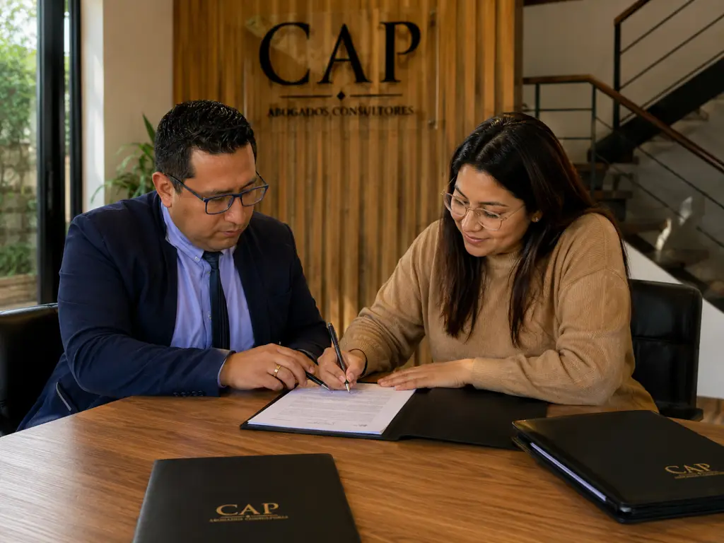 Persona firmando con tranquilidad su acuerdo de pago