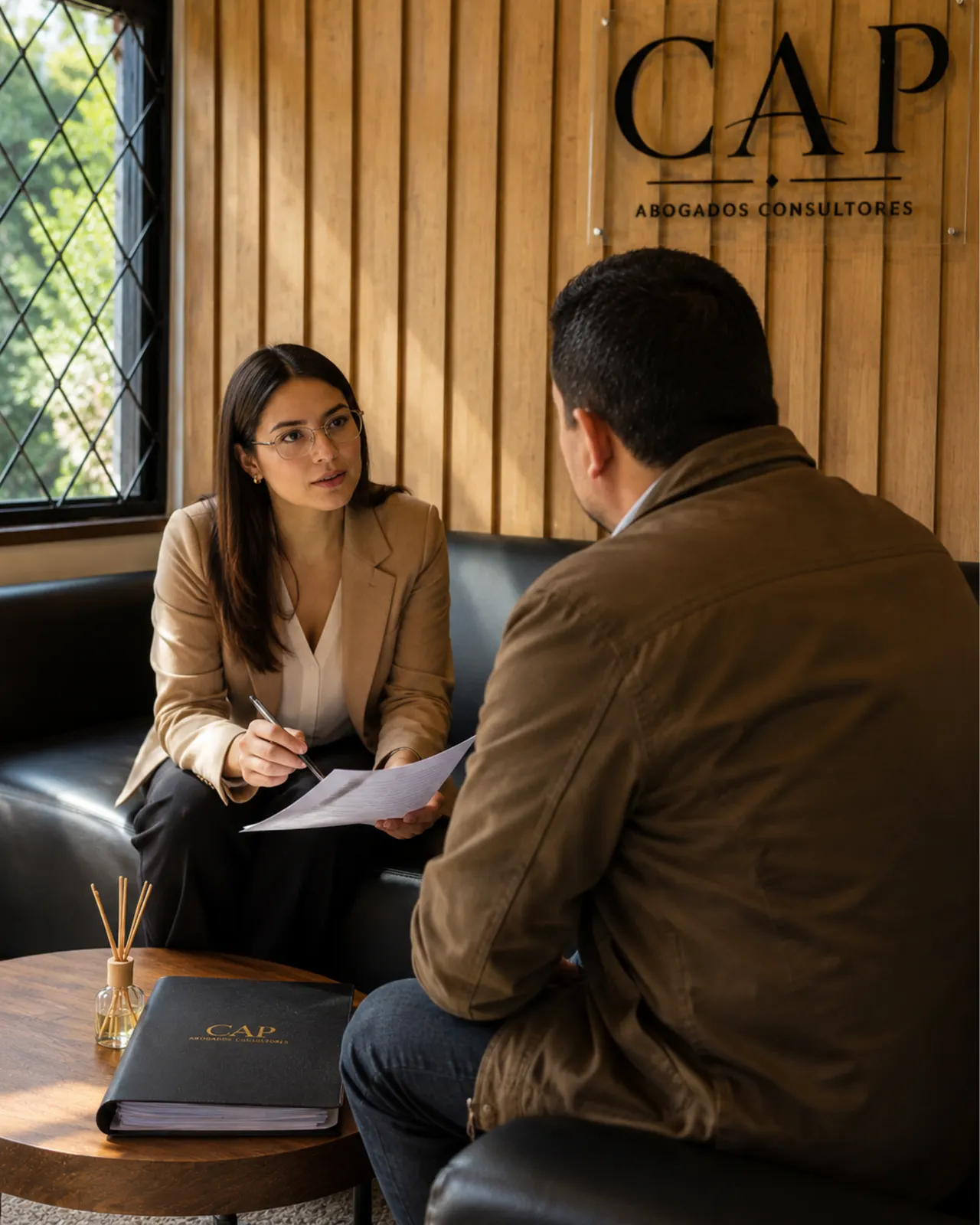 Abogado de CAP escuchando a un cliente en su oficina